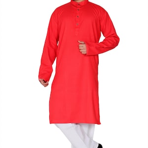 Organic Cotton Long Kurta for Men: Indian Wedding Outfit Red