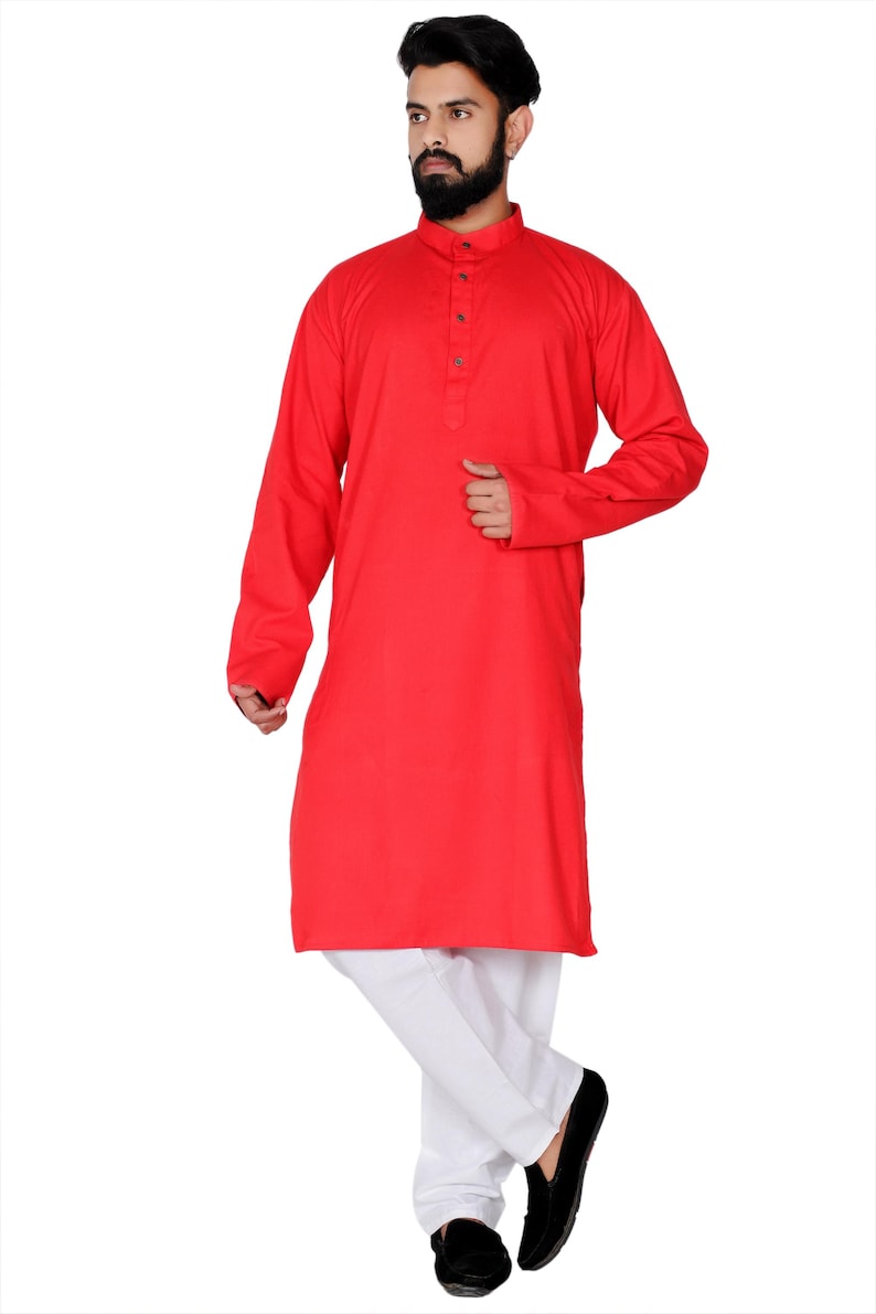 Organic Cotton Long Kurta for Men: Indian Wedding Outfit Red