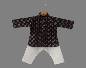 Kurta pijama boho con estampado de bloques hecho a mano para bebé, conjunto festivo de algodón para niños de la India, vestido de verano