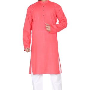 Organic Cotton Long Kurta for Men: Indian Wedding Outfit Peach ( Pink )