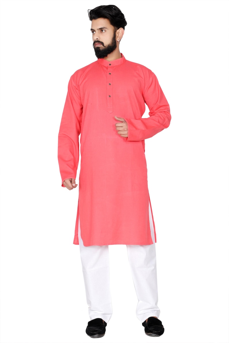 Organic Cotton Long Kurta for Men: Indian Wedding Outfit Peach ( Pink )