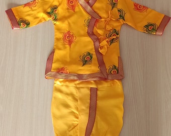 Krishna Dress Yellow Rayon Dhoti Kurta Ethnic Traditional Peacock feather Print Ethnic baby wear.