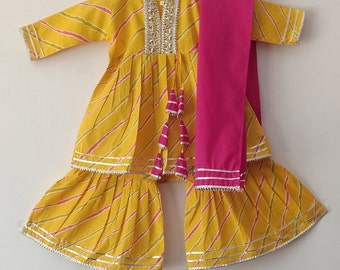 Kurta Sharara With Dupatta For Baby girl Yellow Lehariya Print 100 % Cotton Choose Comfort Size Up to 12 Year.