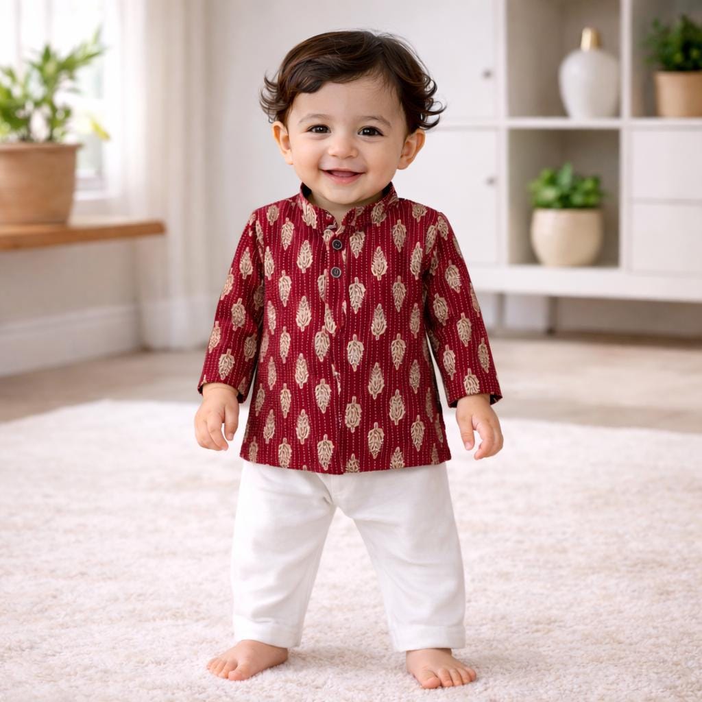 Kantha Embroidery Kurta Pajama Set: Handmade Indian Baby Boy cotton Outfit