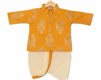 Handmade Block Print yellow Kurta Dhoti Set: Indian Cotton Baby Outfit Wedding & Gift