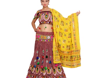 Red Lehenga Choli Dupatta Set Belly Dance Dress Indian Ethnic Handmade for Women.