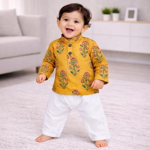 Block Print Kurta Pajama Set: Indian Cotton Baby Boy Wedding Outfit - kids Handmade Dress
