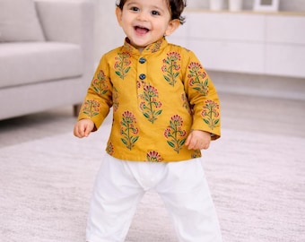 Conjunto de pijama kurta con estampado de bloques: traje de boda para bebé niño de algodón indio - Vestido infantil hecho a mano