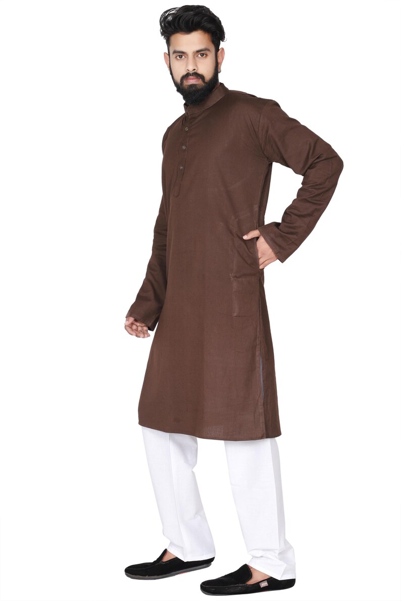 Organic Cotton Long Kurta for Men: Indian Wedding Outfit Coffee Brown