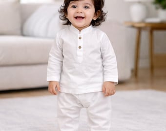 White Kurta Pajama Newborn baby Organic Cotton outfit: Indian Wedding dress - Ethnic Wear
