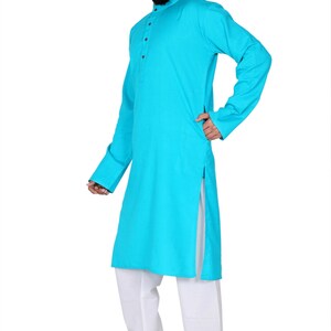 Organic Cotton Long Kurta for Men: Indian Wedding Outfit Turquice Blue