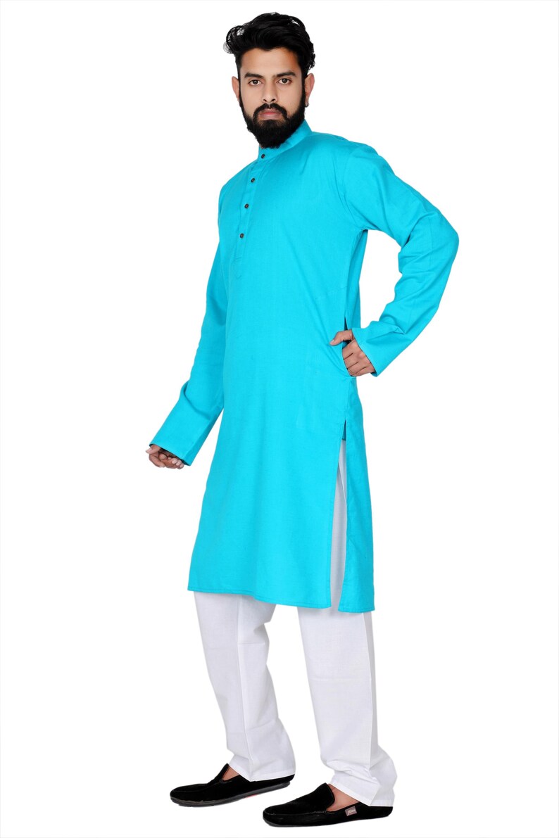Organic Cotton Long Kurta for Men: Indian Wedding Outfit Turquice Blue