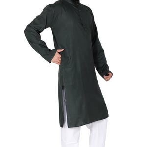 Organic Cotton Long Kurta for Men: Indian Wedding Outfit Dark Green