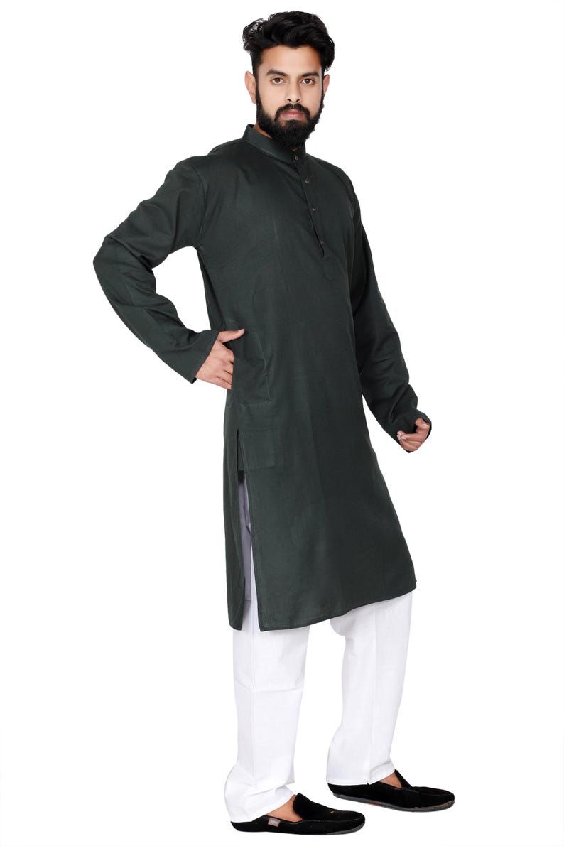 Organic Cotton Long Kurta for Men: Indian Wedding Outfit Dark Green