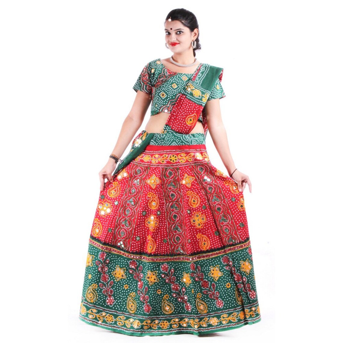 bottle green lehenga with red dupatta