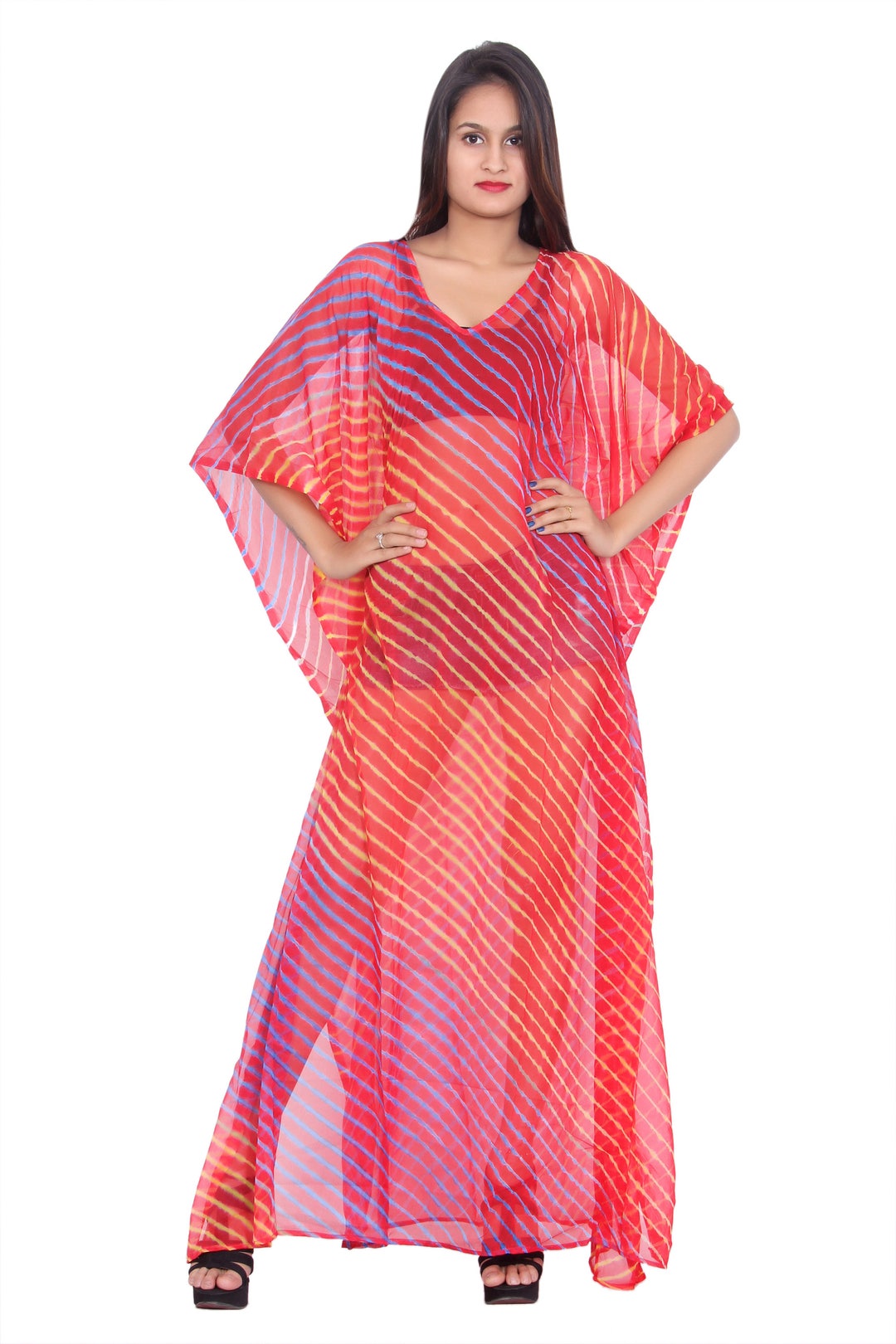 Luxury Silk Kaftan Red Long Dress – Plus Size Kimono Robe