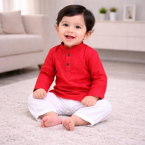 Conjunto de camisa acolchada y pantalón: vestido orgánico para recién nacido, kurta tradicional para bebé niño y regalo de Diwali. imagen 1