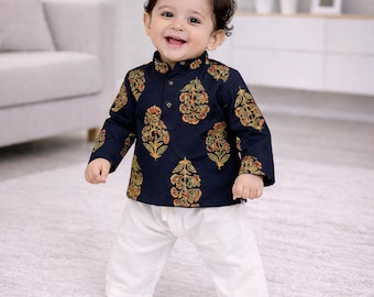 Conjunto de kurta pijama para bebé recién nacido con estampado de bloques: atuendo de algodón indio, regalo ideal para Diwali y festividades.