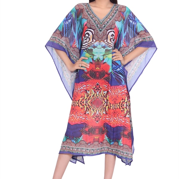 Indian Digital Print embellished Multi Color Caftan maxi dress, Designer beach Wear Nighty kaftan