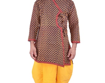Men's Cotton Dhoti Kurta Suit: Traditional Sanganeri Dabu Print Angrakha