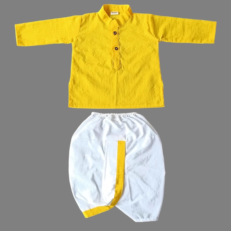 Conjunto de camisa acolchada y pantalón: vestido orgánico para recién nacido, kurta tradicional para bebé niño y regalo de Diwali. Yellow With Dhoti