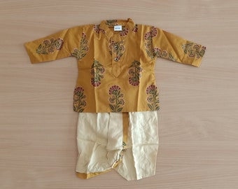 Robe bébé Dhoti en coton jaune et coton kurta rayonne, vêtements ethniques traditionnels pour bébé.