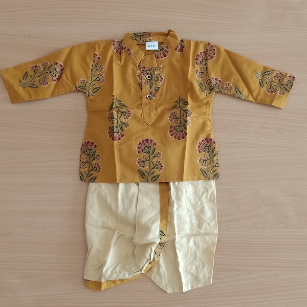 Block Print Yellow Cotton Kurta Rayon Dhoti Baby Dress Infant Traditional Ethnic Wear.