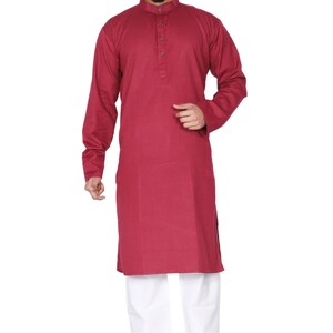 Organic Cotton Long Kurta for Men: Indian Wedding Outfit Wine Red