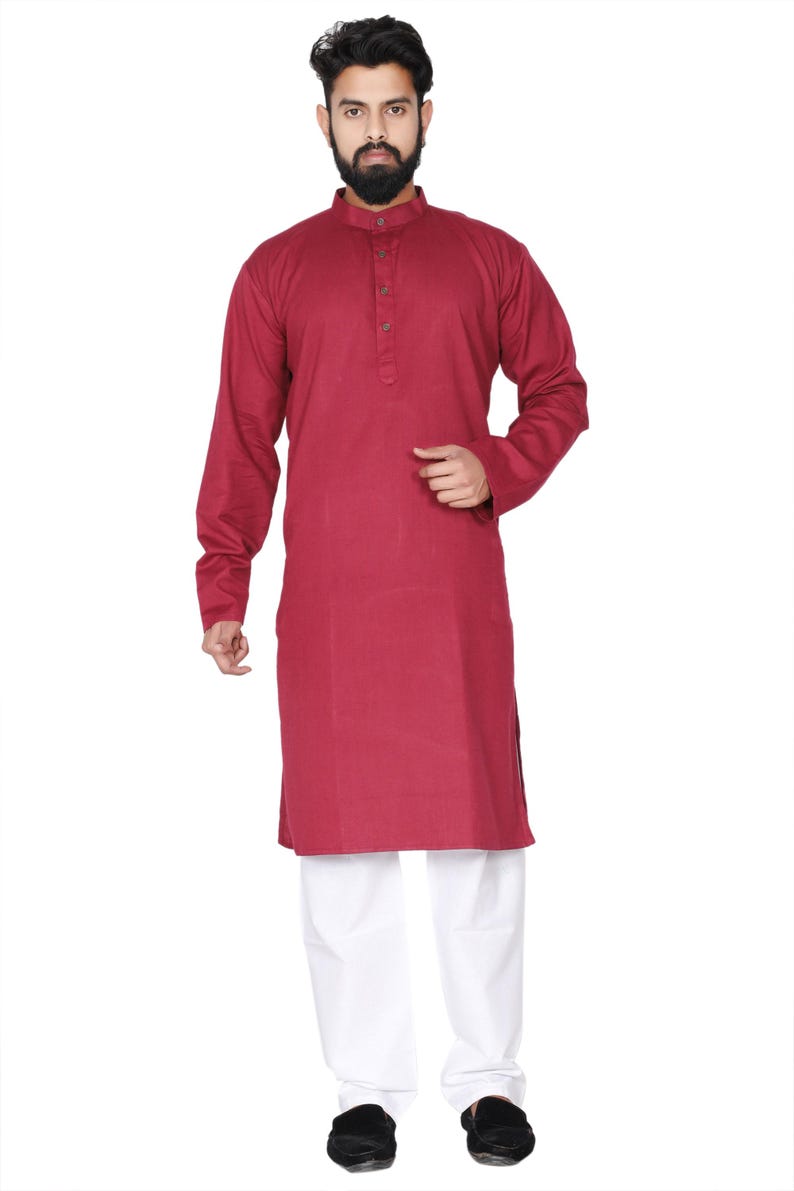 Organic Cotton Long Kurta for Men: Indian Wedding Outfit Wine Red