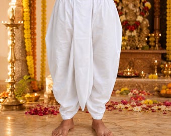 Pantalones Dhoti de algodón blanco para hombre: ropa interior india cosida