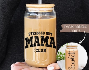 Personalized Iced Coffee Glass Cup, Funny Mom Gift, Mama Tumbler