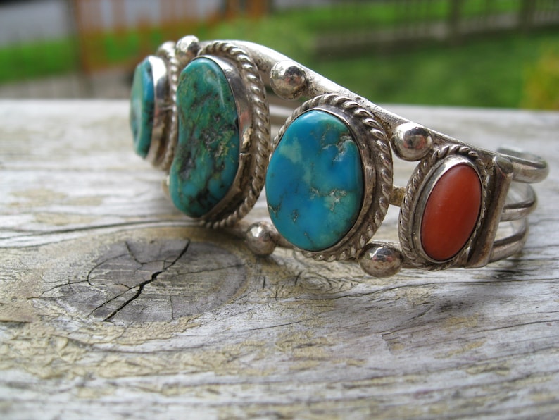 sterling silver Vintage turquoise and coral cuff
