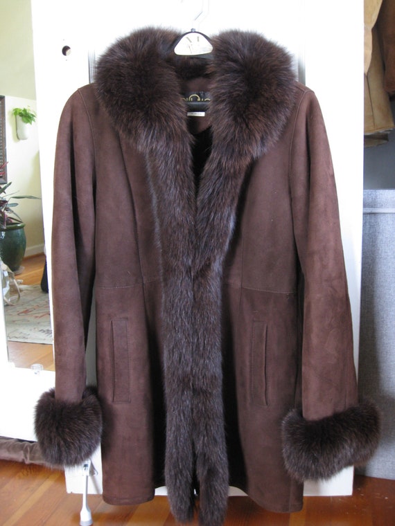 Suede coat with fur collar and cuffs Clearance