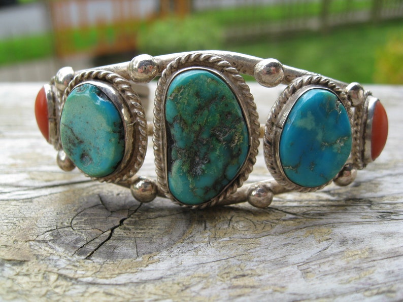 sterling silver Vintage turquoise and coral cuff