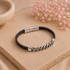Statement Bracelet Bold Design Black Leather Material Chain Bar Detail Magnetic Clasp Feature Italian Camel Leather Quality Antique Silver Accent Unique Fashion Accessory Minimalist Wrist Jewelry Everyday Style Element Modern Fashion
