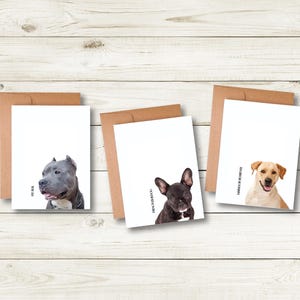 Three greeting cards with images of different dog breeds, including a pit bull, a bulldog, and a golden retriever, are displayed on a wooden surface.
