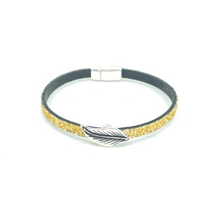Handmade Glitter Leather Bracelet: Silver Leaf Charm, Magnetic Clasp