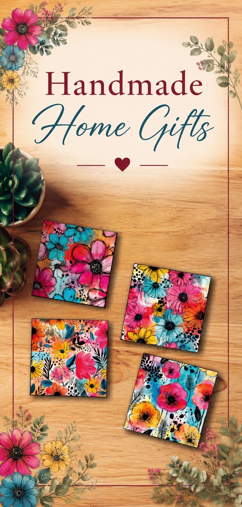 May include: Four square coasters featuring a vibrant floral pattern with pink, blue, yellow, and orange flowers on a light background. The text Handmade Home Gifts is displayed at the top. The coasters are arranged on a light wood grain surface.