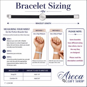 The image is a bracelet sizing guide from the Areca Gift Shop, providing instructions on how to measure a wrist for the perfect bracelet size.