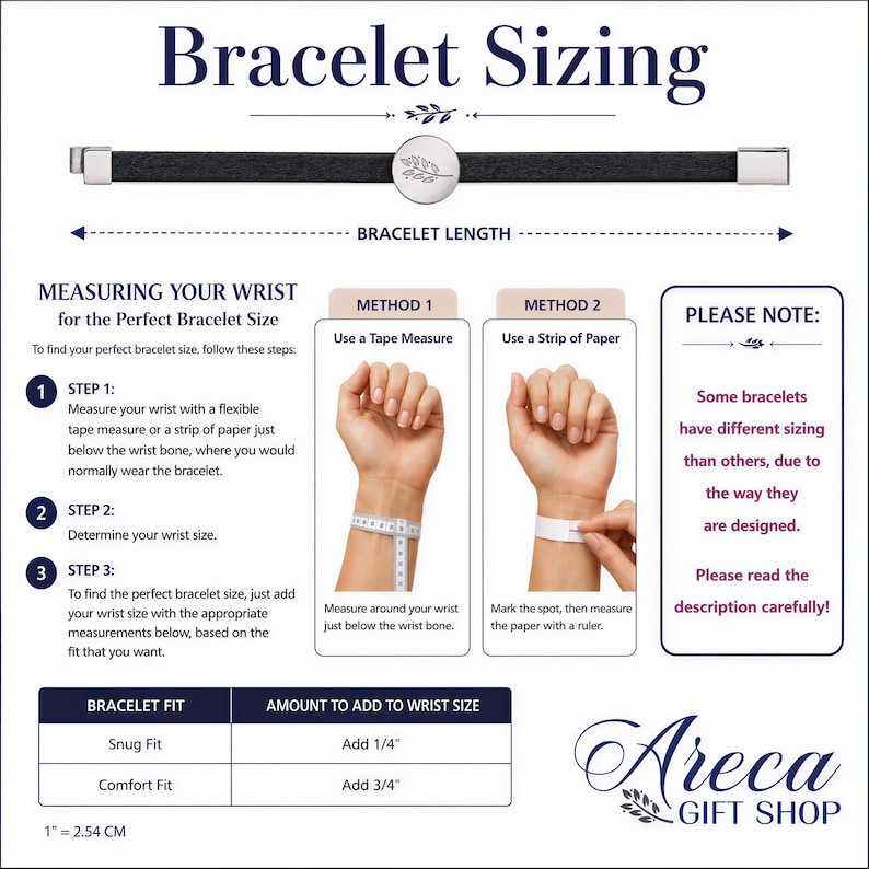 The image is a bracelet sizing guide from the Areca Gift Shop, providing instructions on how to measure a wrist for the perfect bracelet size.