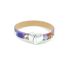 Colorful Lilac Roses Leather Bracelet with Heart Magnetic Clasp, Heart Leather Bracelet, leather bracelet for women, Gifts for women