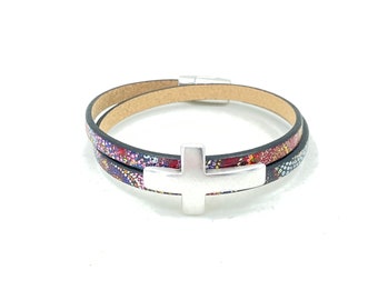 Women's Leather Cross Bracelet, Painted Leather Wrap Cross Bracelet, Colorful Women's Leather Cross Bracelet, leather bracelet