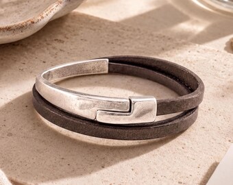 Taupe Leather Half Cuff Bracelet Antique Silver Finish Magnetic Clasp Womens Leather Bangle Taupe and Silver Jewelry Gift for Her