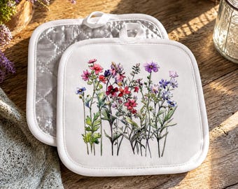 Agarradera botánica para ollas, resistente al calor, con reverso plateado, accesorio de cocina, diseño de flores silvestres blancas, cocina moderna, elegante regalo para amantes de la naturaleza, decoración.