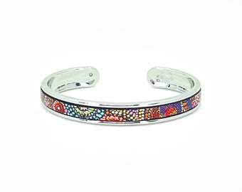 Colorful Leather Inlay Cuff Bracelet, Boho Cuff Jewelry, Leather Jewelry, Bracelet for Women, handmade bracelet, silver cuff