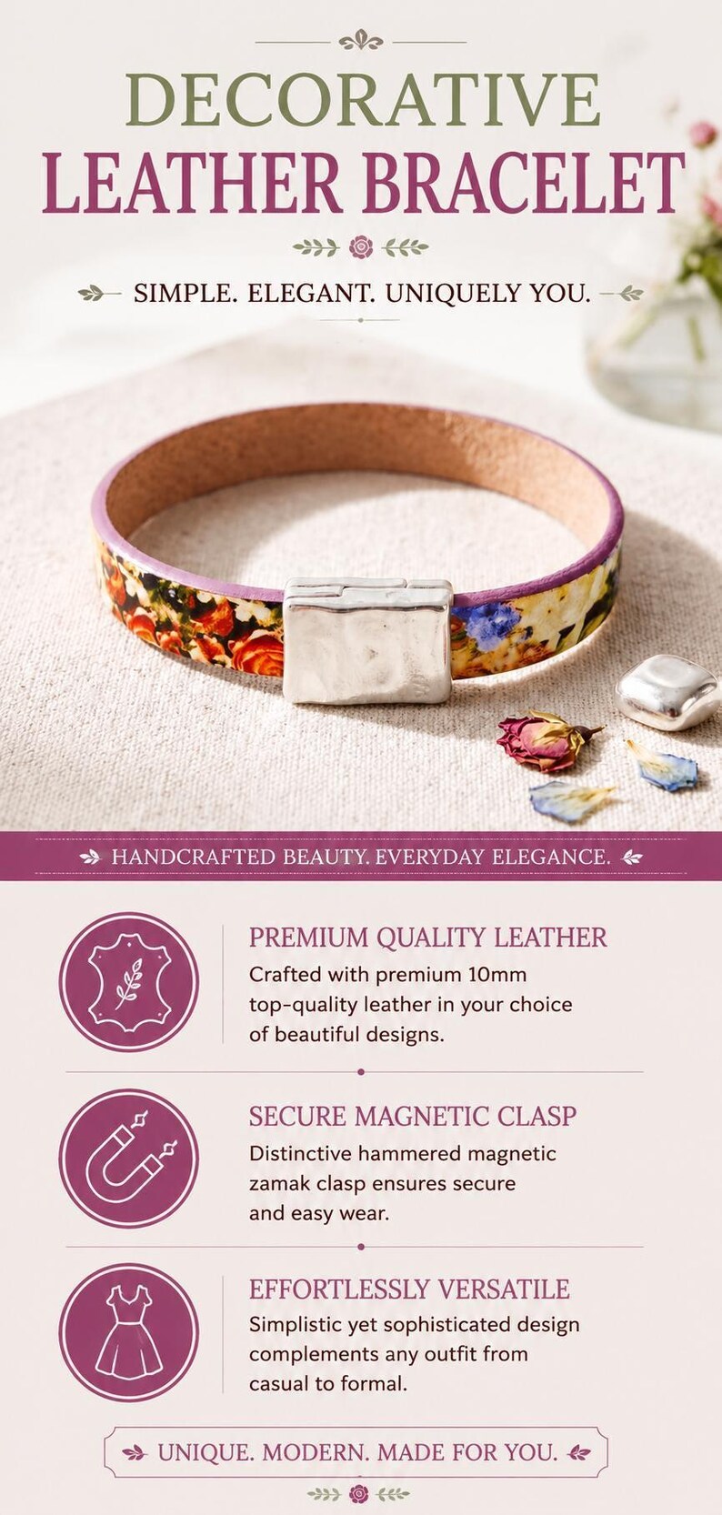 Pulsera magnética de cuero, diseño artesanal, brazalete llamativo, cierre de zamak, joyería de estilo minimalista, accesorio para el día a día, pulsera colorida de calidad. imagen 8