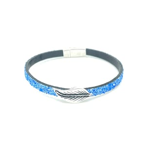 Blue Glitter Leather Bracelet: Handmade Antique Silver Leaf Charm