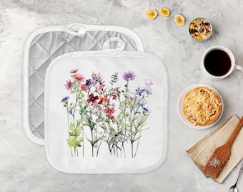 Botanical Pot Holder Heat Resistant Silver Backing Kitchen Accessory White Wildflower Design Modern Cooking Elegant Gift Nature Lover Decor