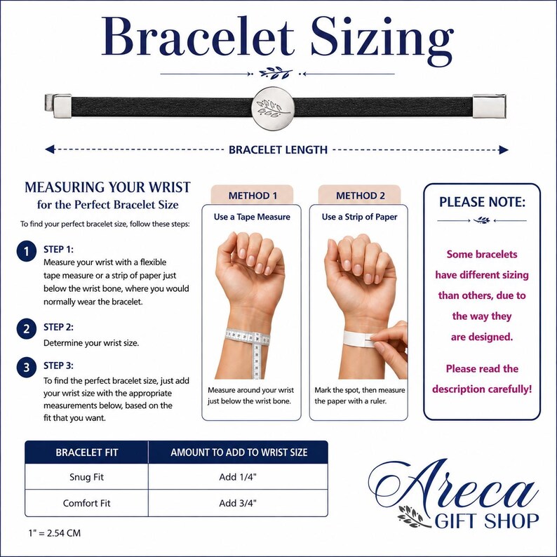 The image is a bracelet sizing guide from the Areca Gift Shop, providing instructions on how to measure a wrist for the perfect bracelet size.
