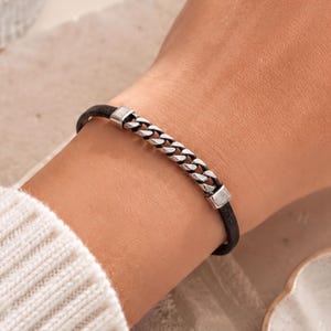 Black Leather Bracelet Chain Bar Statement Piece Magnetic Clasp Design Jewelry Italian Leather Camel Material Antique Silver Detail Bold Fashion Accessory Women Gift Idea Everyday Wear Unique Handcrafted Creation Stylish Wrist Cuff Modern